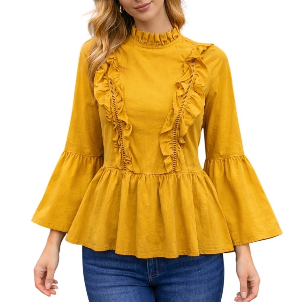 Mustard Ruffle Peplum Blouse Bell Sleeve Romantic Prairie Top M/L Amaryllis